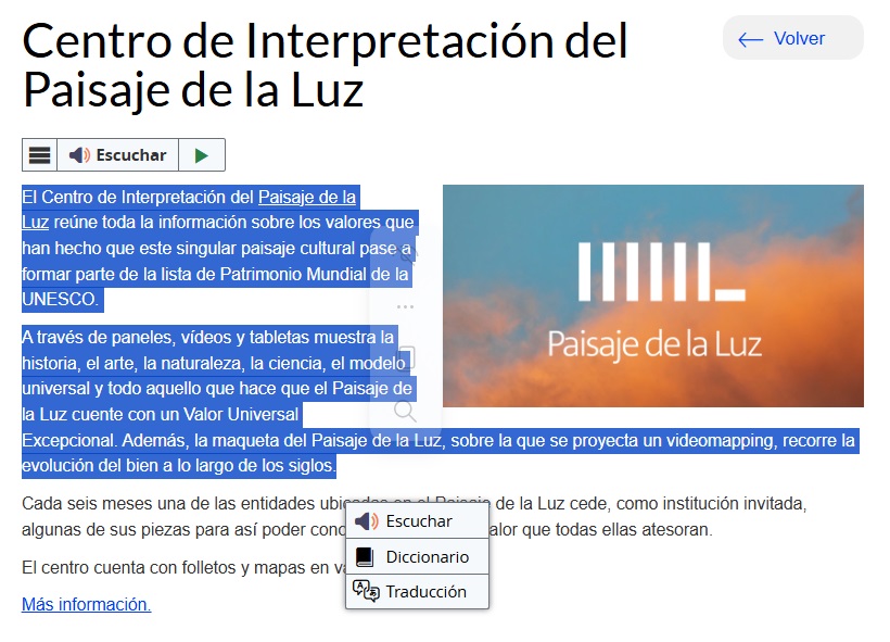 Menú Read Speaker desplegado