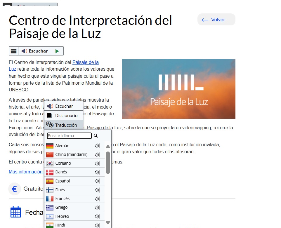 Menú de traducción desplegado
