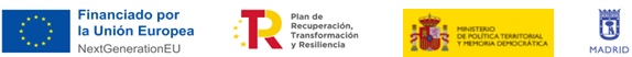 Logitipos Financiado por la Unión Europea NextGeneration EU, Plan de Recuperación Transofrmación y Resiliencia, Ministerio de Política Territorial y Memoria Demografia, y Ayuntamiento de Madrid