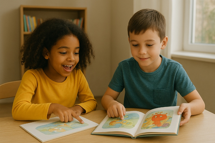 Ni&ntilde;a y ni&ntilde;o leyendo algo divertido