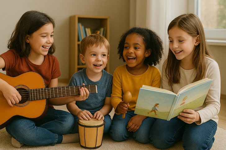Ni&ntilde;os divirti&eacute;ndose con instrumentos musicales
