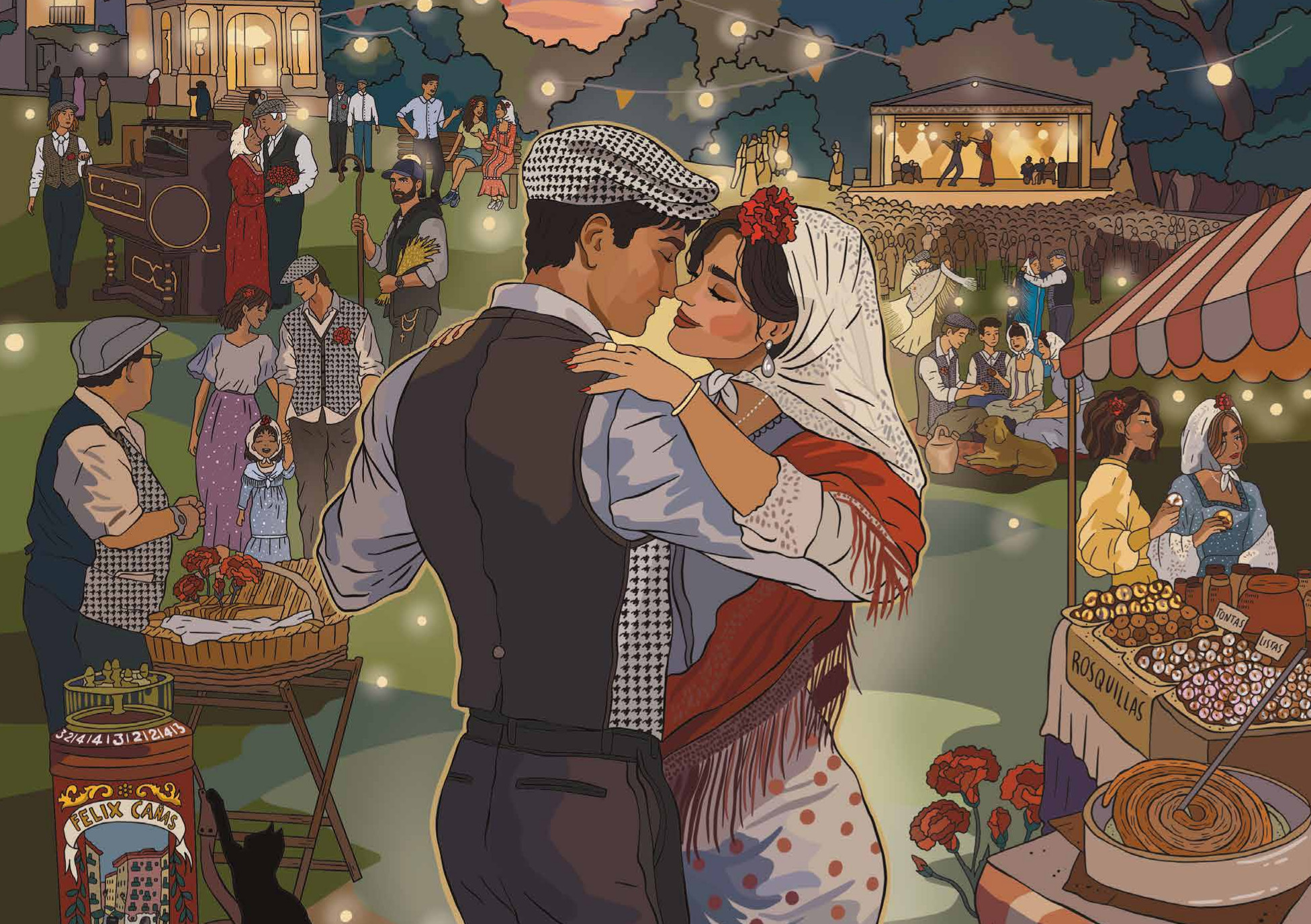 Ilustraci&oacute;n de pareja de chulapos bailando en una verbena