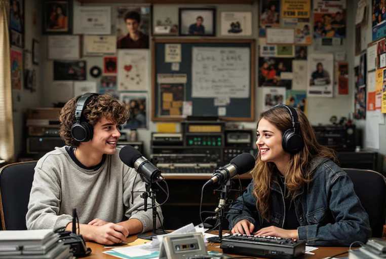 Chica y chico en un estudio de grabaci&oacute;n de radio