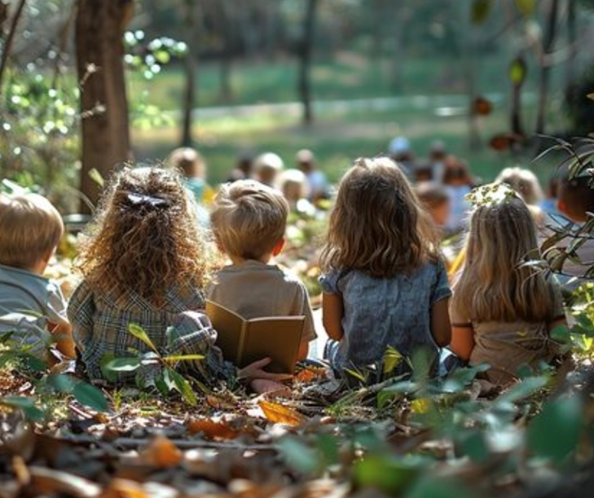 Ni&ntilde;os y ni&ntilde;as sentados en la hierba de espaldas a c&aacute;mara