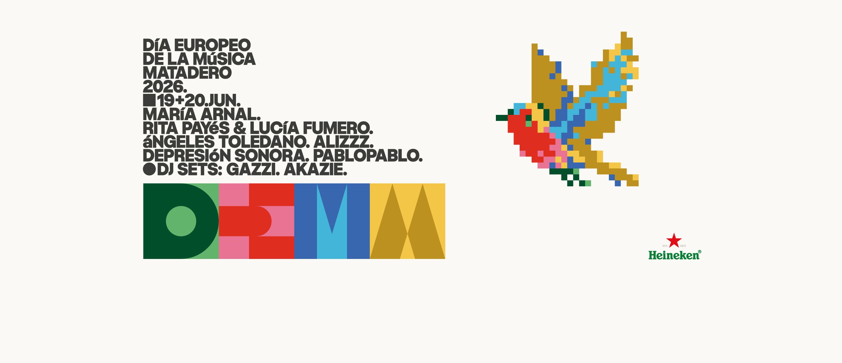 Cartel DEMM26 con ilustraci&oacute;n pajarito pixelado