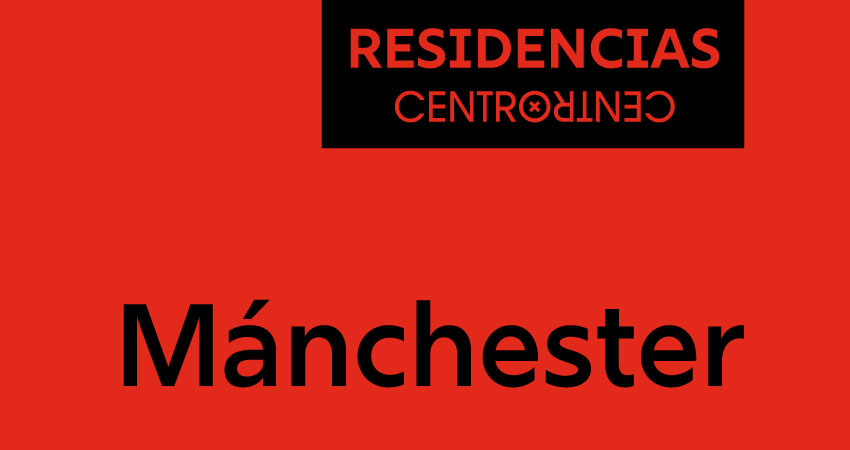 Banner rojo con la palabra Manchester en negro y el logo de CentroCentro