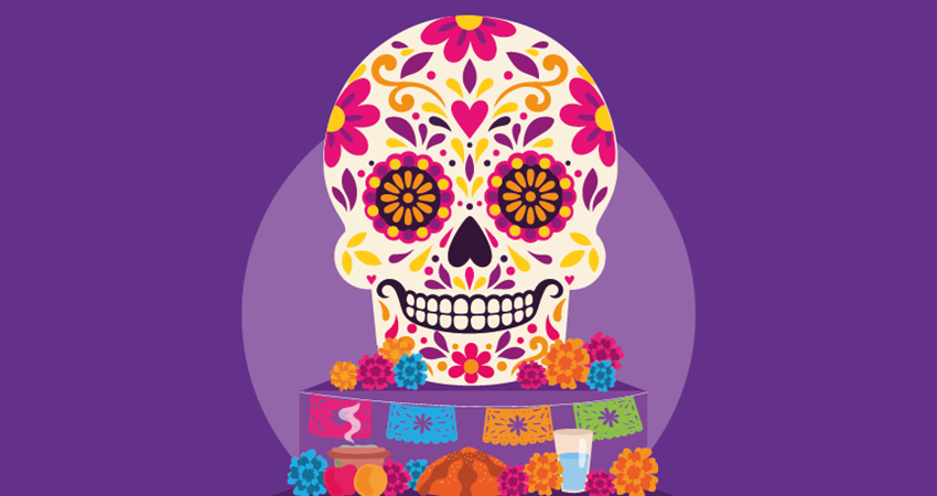 Ilustraci&oacute;n de una calavera decorada con flores