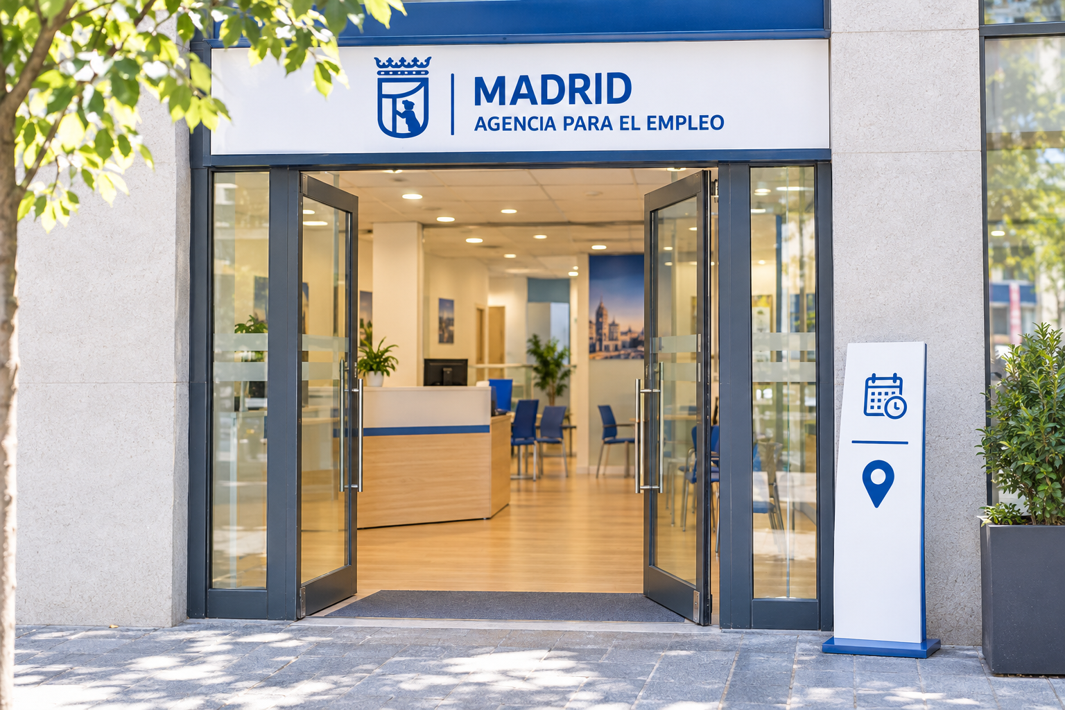 Fotograf&iacute;a de la entrada de una Agencia para el Empleo del Ayuntamiento de Madrid, con la puerta acristalada abierta y un interior luminoso y acogedor. Sobre la puerta, el logotipo corporativo azul; junto a ella, un t&oacute;tem blanco con iconos azules de calendario y ubicaci&oacute;n. Fachada urbana, luz natural, ambiente cercano y accesible.