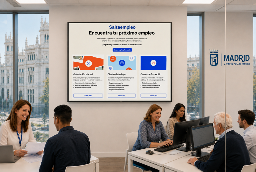 Personas usuarias y personal de la Agencia para el Empleo de Madrid atendiendo consultas laborales en una oficina moderna con vistas al Palacio de Cibeles, con puestos de trabajo, ordenadores y carteler&iacute;a institucional de Madrid.