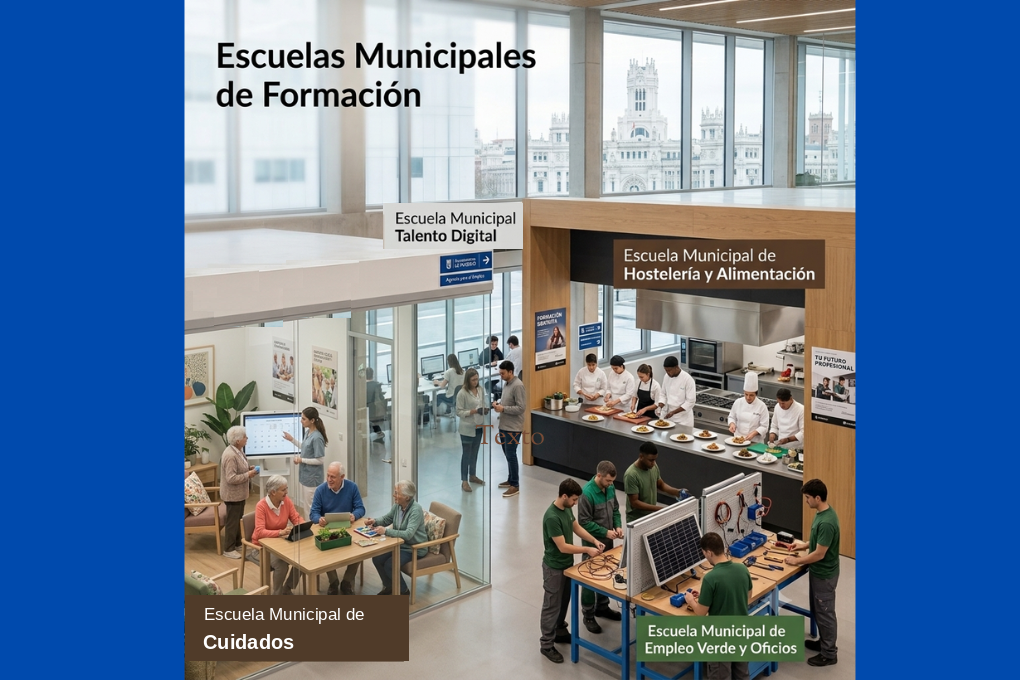 Fotograf&iacute;a de un espacio interior moderno con grandes ventanales y vistas al Palacio de Cibeles de Madrid, que ilustra las cuatro Escuelas Municipales de Formaci&oacute;n: personas mayores y una formadora en la Escuela de Cuidados, estudiantes junto a ordenadores en la Escuela de Talento Digital, un grupo de cocineros trabajando en la Escuela de Hosteler&iacute;a y Alimentaci&oacute;n, y j&oacute;venes manipulando placas solares en la Escuela de Empleo Verde y Oficios.