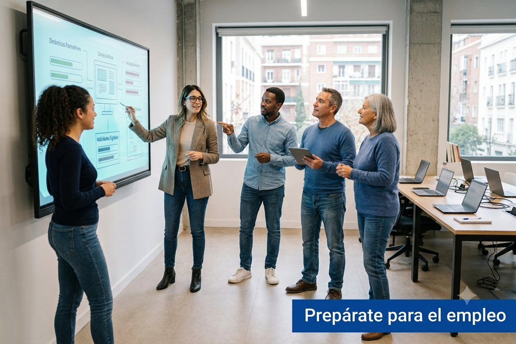 Grupo de personas de distintas edades en una sala de formaci&oacute;n, frente a una pantalla digital con contenidos sobre din&aacute;micas formativas y habilidades digitales, mientras una formadora explica el programa.