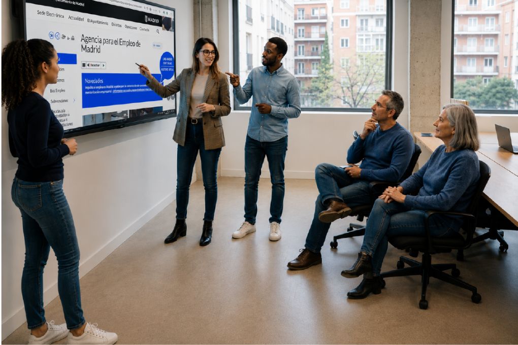 Grupo de personas de distintas edades en una sala de formaci&oacute;n, frente a una pantalla digital con contenidos sobre din&aacute;micas formativas y habilidades digitales, mientras una formadora explica el programa.