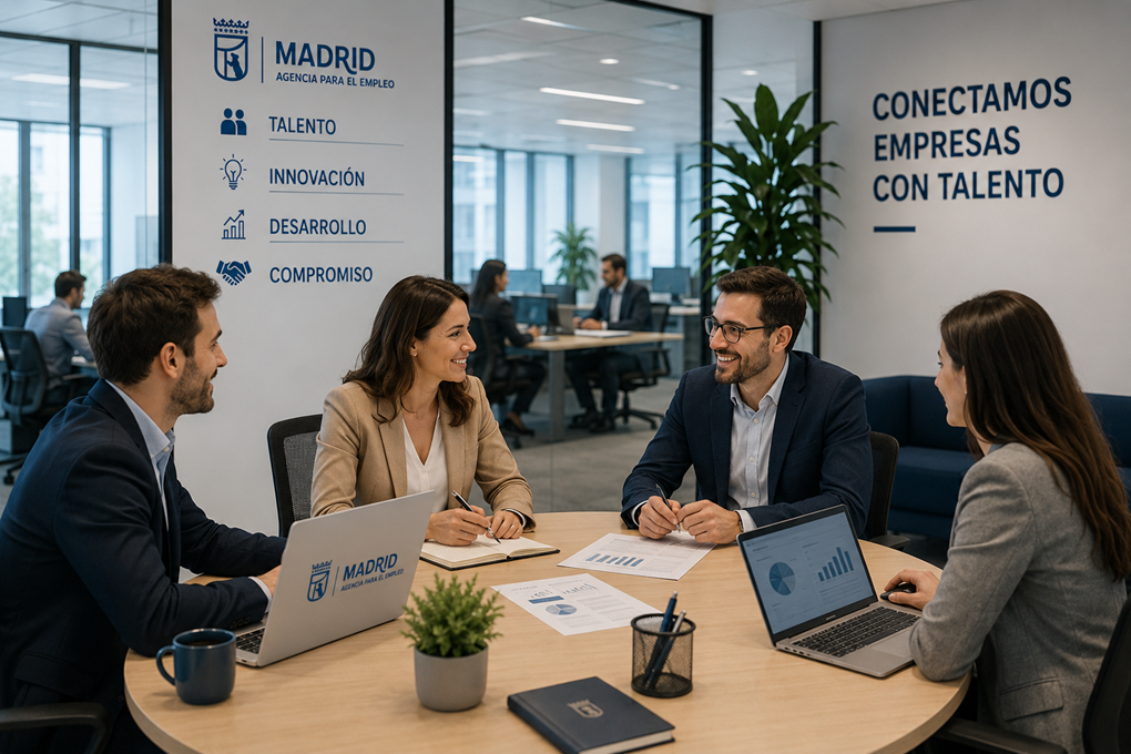 Dos profesionales del departamento de Talento de la Agencia para el Empleo de Madrid (a la izquierda) mantienen una reuni&oacute;n con representantes de una empresa (a la derecha) para gestionar sus necesidades de contrataci&oacute;n. Trabajan juntos en una mesa redonda con port&aacute;tiles y documentos con el logo institucional. De fondo, en la pared, destacan el logo de Madrid Agencia para el Empleo, las palabras "Talento, Innovaci&oacute;n, Desarrollo, Compromiso" y el lema "Conectamos empresas con talento".