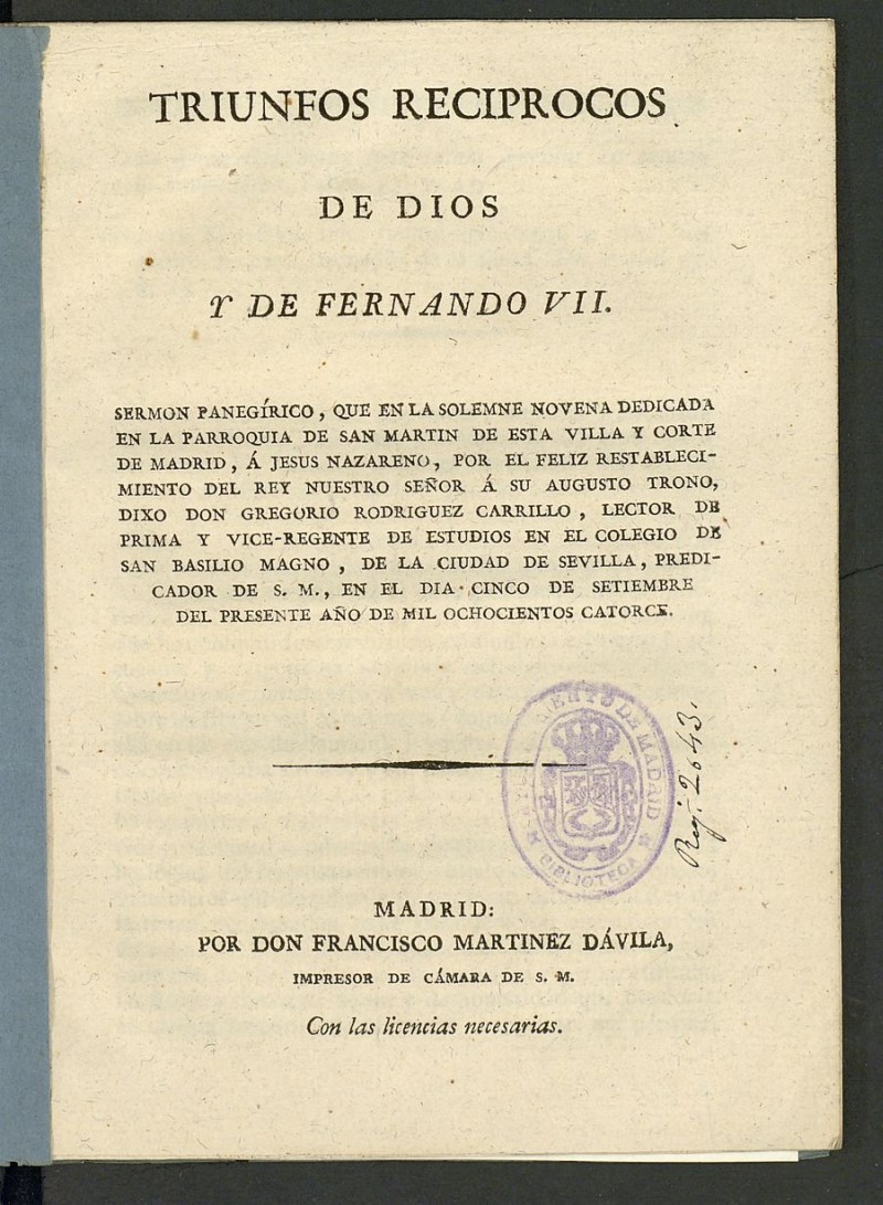 Triunfos recíprocos de Dios y de Fernando VII