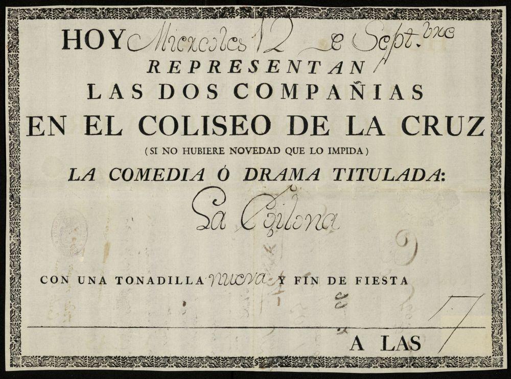 Cartel de la representación dramática en el Teatro de la Cruz de la comedia La Egilona, de Blas de Laserna, el miércoles 12 de septiembre de 1792 a las 7 horas [Manuscrito].—[1792]