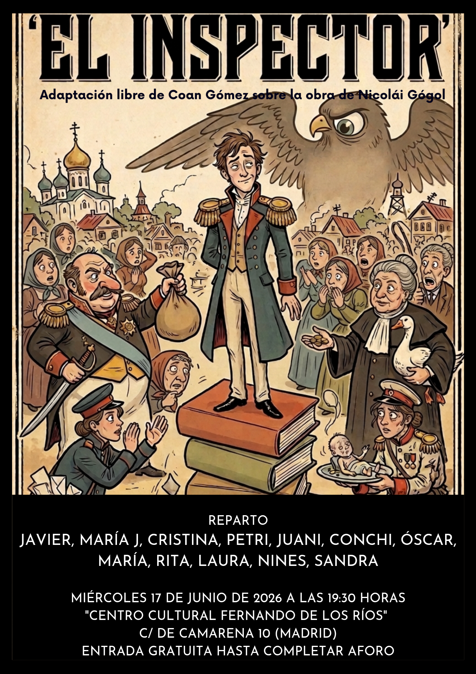 Hombre de &eacute;poca encima de libros y redeado de mas gente