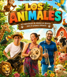 Dos hombre y una mujer rodeados de animales