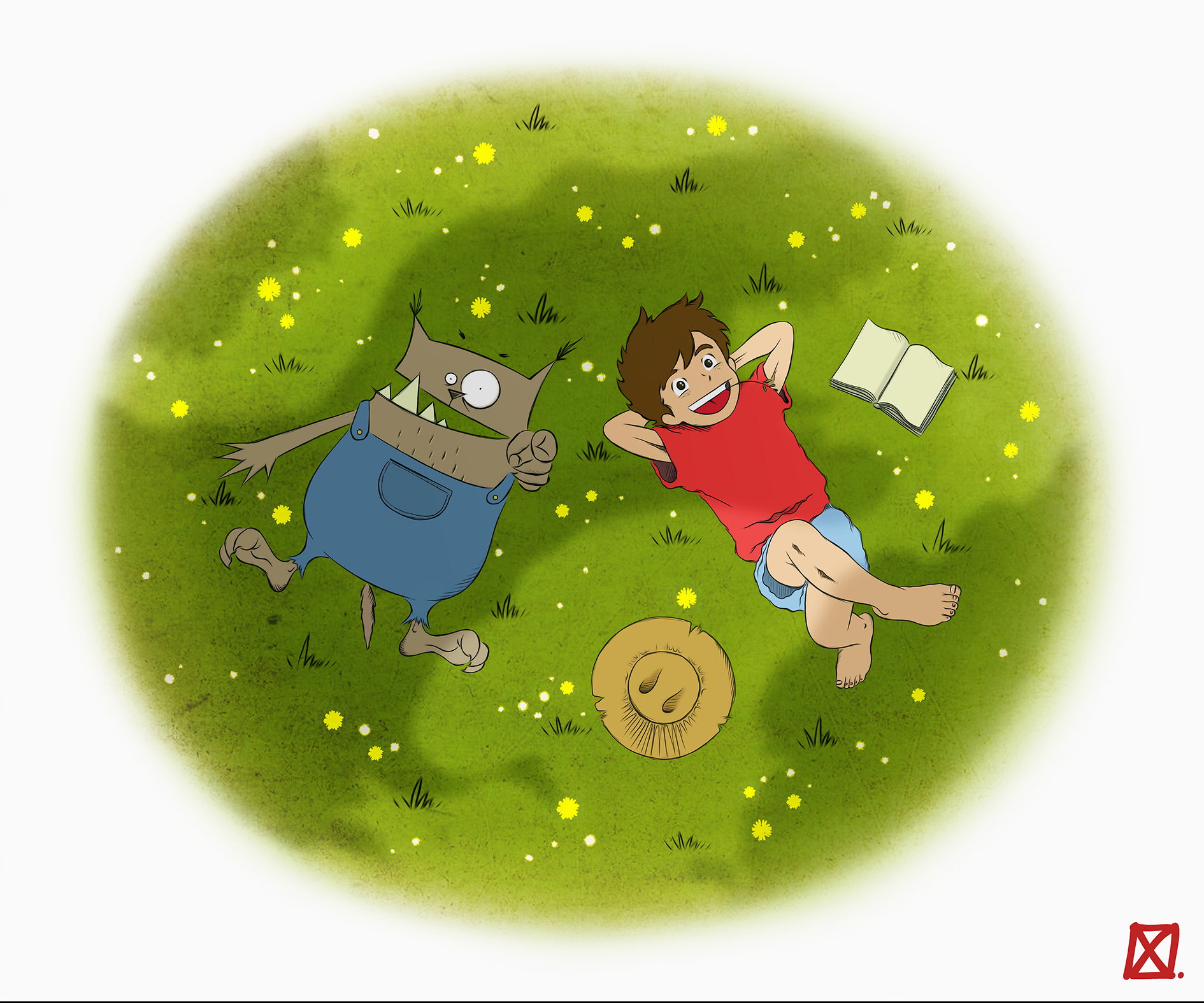 Foto de dibujos animados tumbados en el cesped