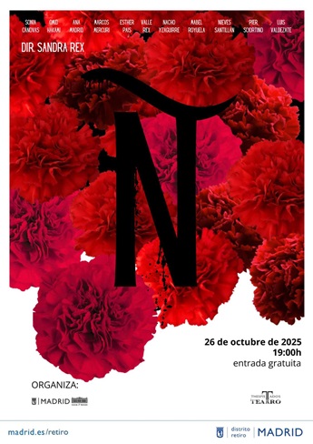 Cartel con informaci&oacute;n de la obra de teatro y fotograf&iacute;a de flores