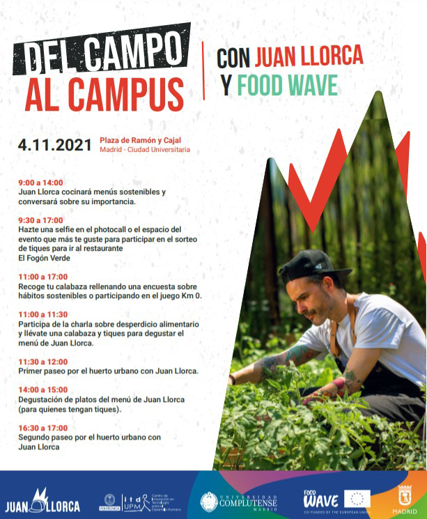Calendario de las actividades que tendrán lugar durante la jornada del 4 de noviembre "Del campo al campus con Juan Llorca y Food Wave"