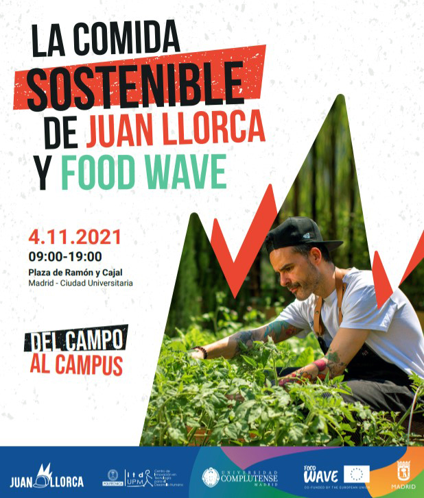 Cartel promocional de la jornada del 4 de noviembre de 2021 "Del campo al campus - con Juan Llorca y Food Wave"