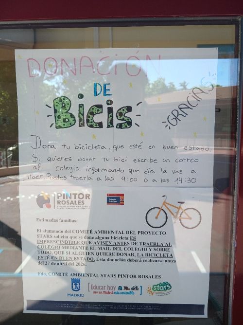 Cartel para la donaci&oacute;n de bicicleta en el colegio p&uacute;blico Pintor Rosales