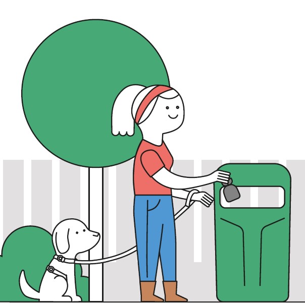 Persona depositando los ecrementos de su perro en una papelera