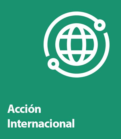 Acción Internacional y el icono de globo con unas líneas móviles a su alrededor.