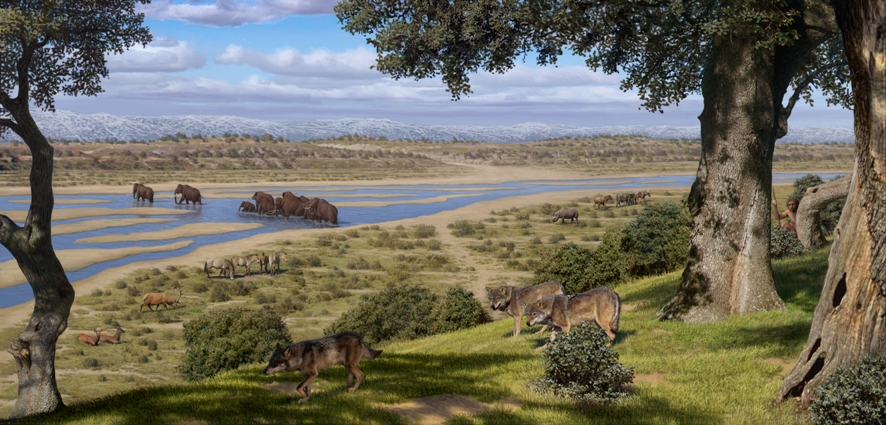 Reconstrucción del paisaje en el arroyo de Butarque. Pleistoceno superior (hace unos 120.000 años). Ilustración de Mauricio Antón.