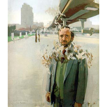 Antonio López. / Retrato inacabado de José Antonio Fernández Ordóñez (1979-82) con el puente y el Museo al fondo. / Madrid, colección particular.