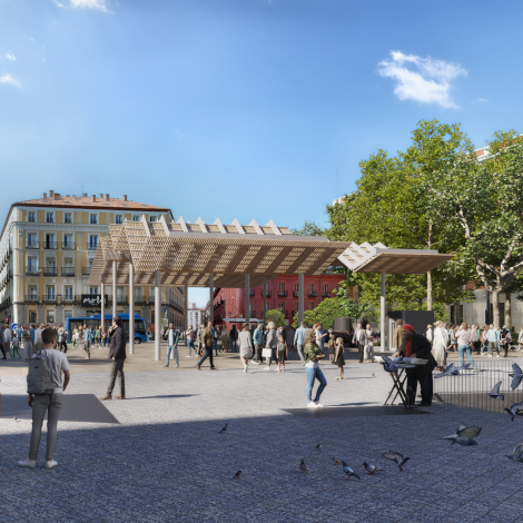 Recreaci&oacute;n de la plaza de Jacinto Benavente desde la calle de Carretas