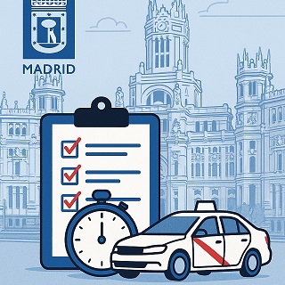 Imagen del Palacio de Cibeles y de un taxi de Madrid, junto a un símbolo de examen tipo test.