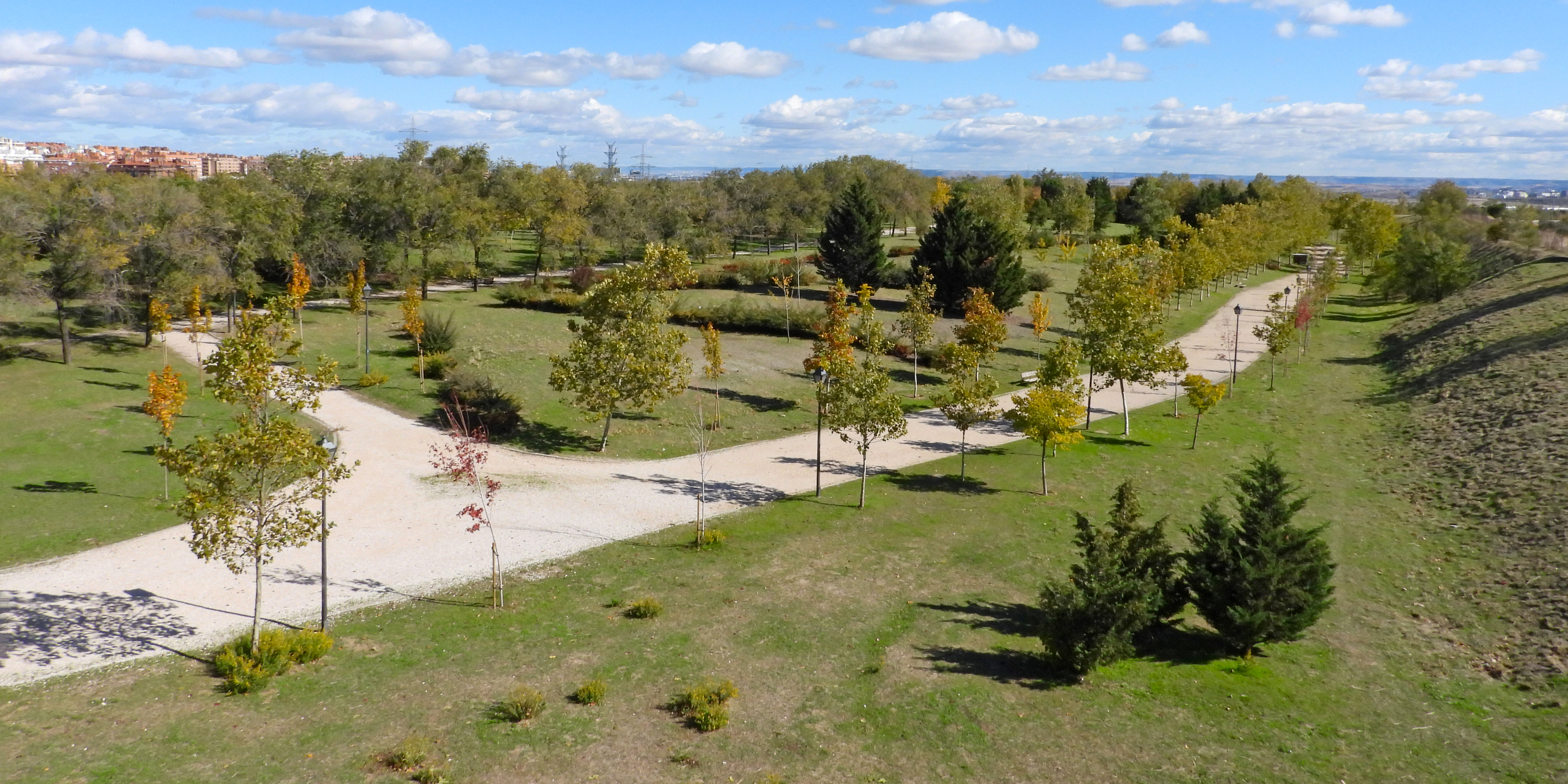 Vista a&eacute;rea de parte del parque con caminos y vegetaci&oacute;n diversa
